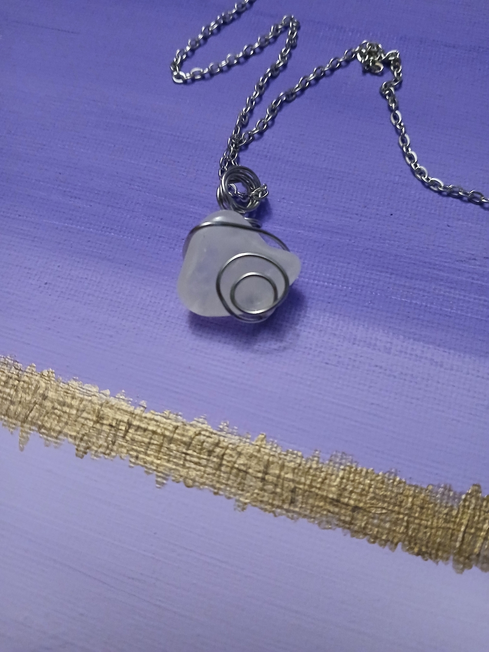 Stainless Steel Wrapped Milky Quartz Spiral Pendant Necklace NWOT